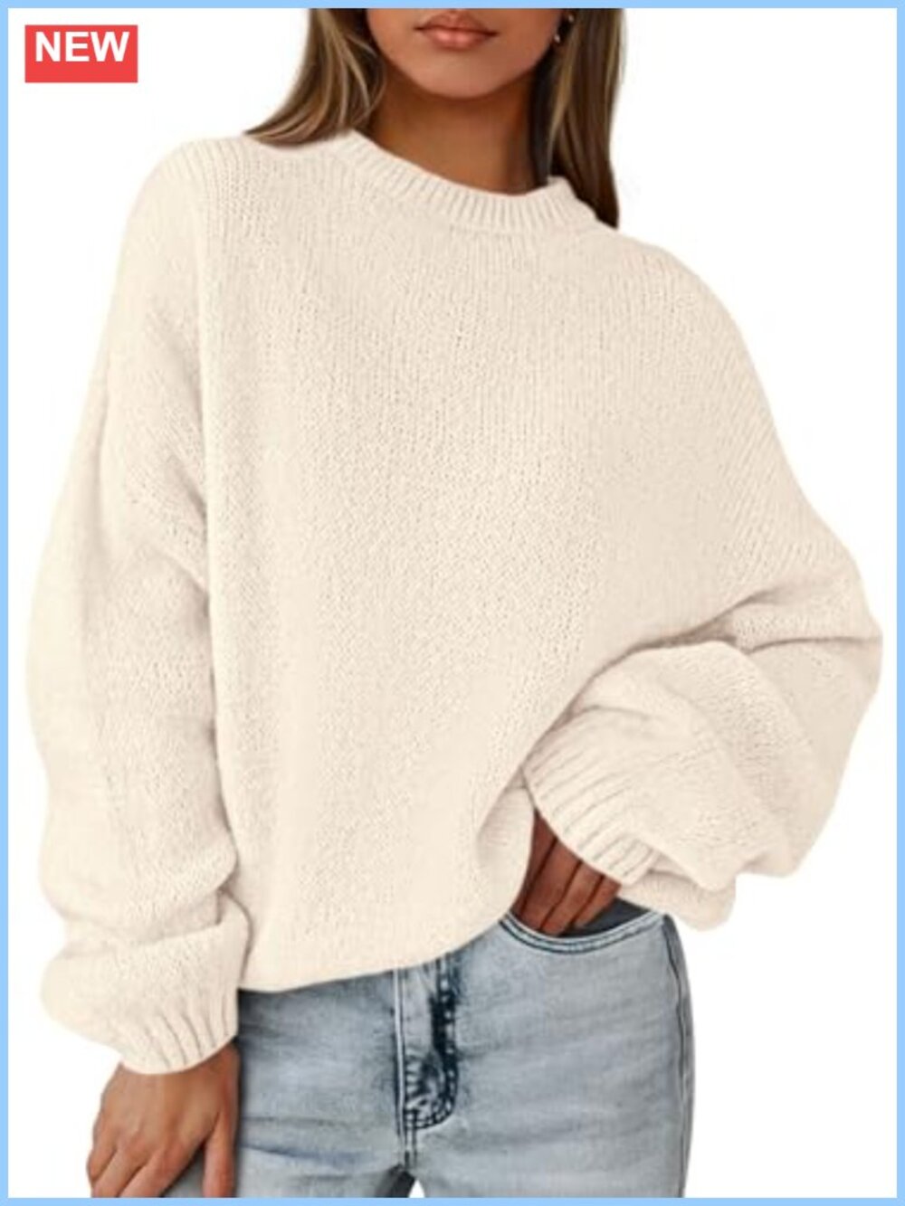 Oversized Chunky Knit Pullover Sweater Drop Shoulder Lantern Sleeve